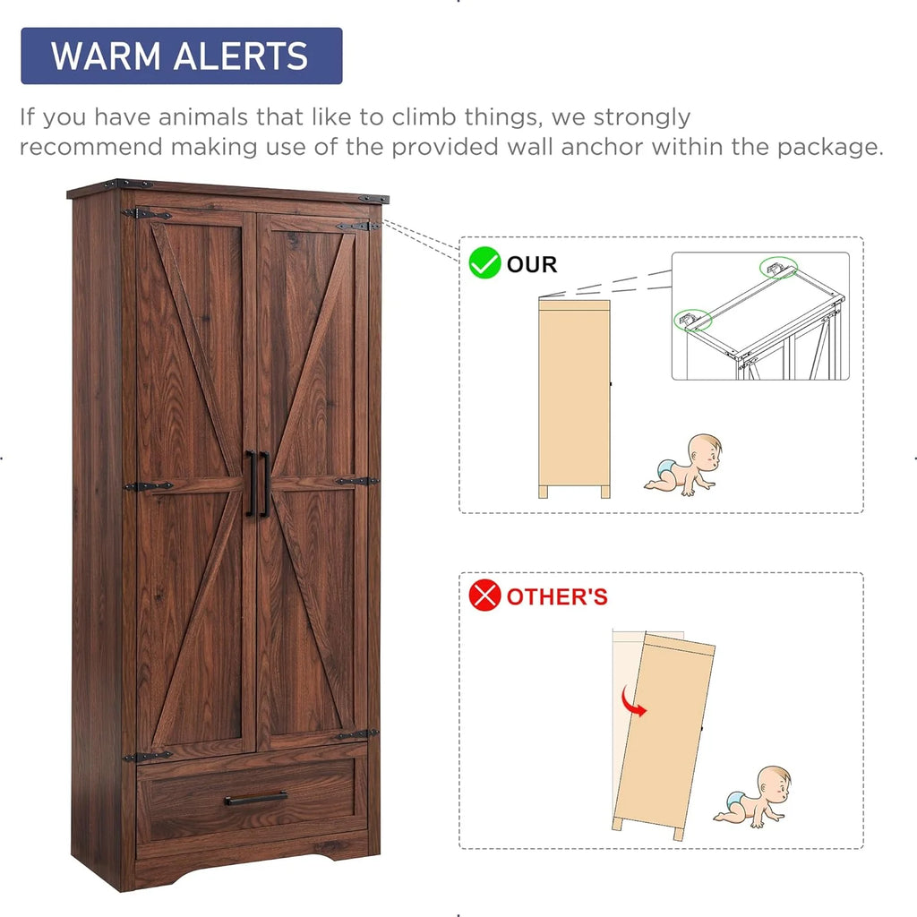 JXQTLINGMU Farmhouse Kitchen Pantry - 72" Tall Wood Kitchen Storage Cabinet with Adjustable Shelves and 2 Barn-Style Doors and Drawers