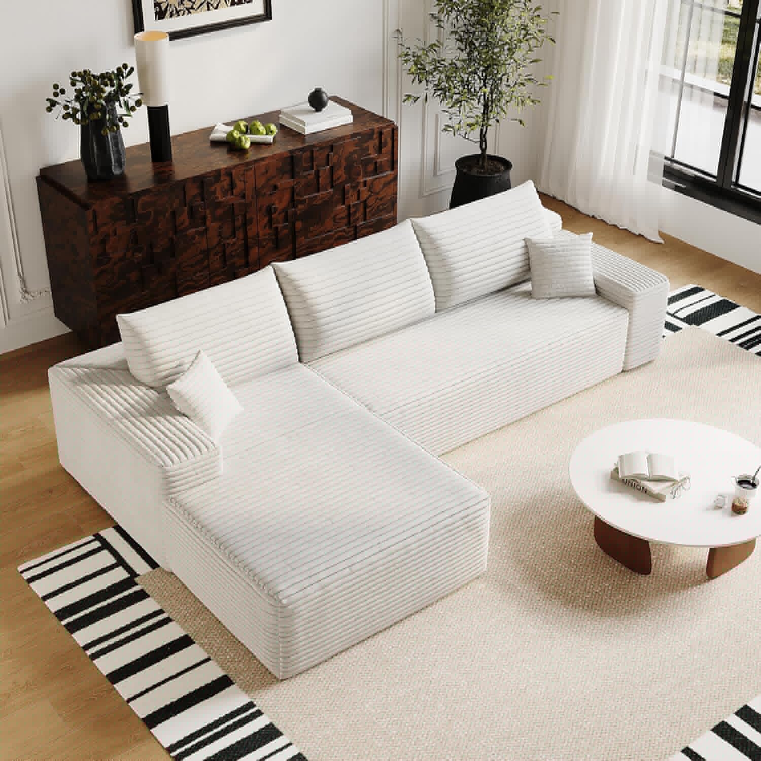 135" Oversized Compressed Sectional Sofa - 33D High-Density Foam Cloud Couch with Deep Seat - Minimalist 3-Piece Corduroy Upholstered Boneless Modular Lounge Couch | Breathable material, Full Foam, Anti-slip